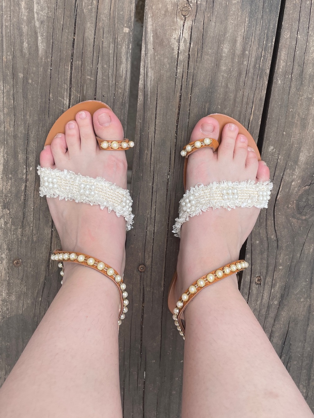 Pearl-Embellished White Beaded Strappy Sandals